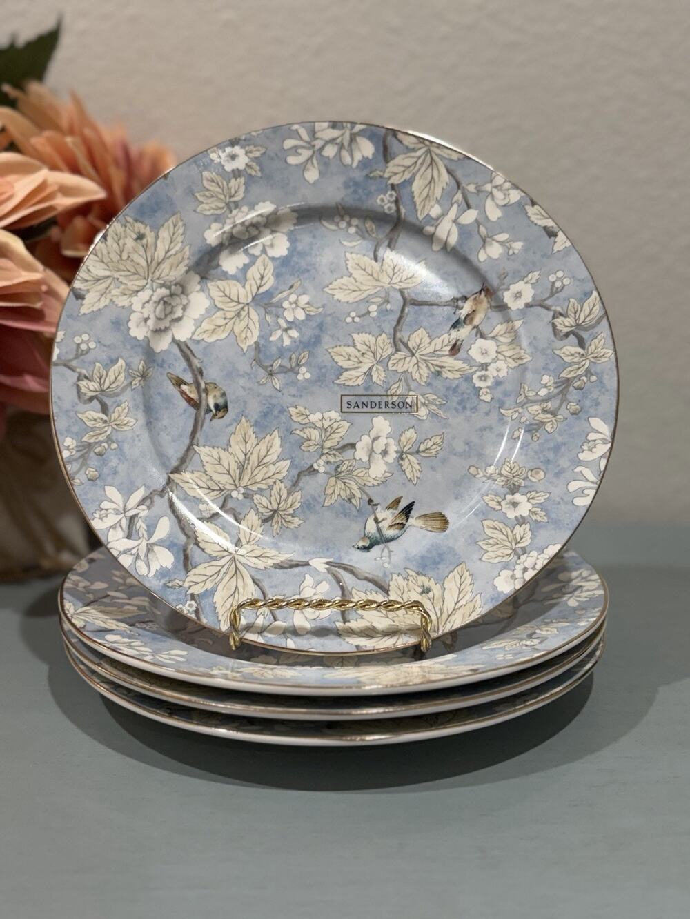 4-NWT SANDERSON BLUE FLORAL BIRD DESIGN GOLD RIM CERAMIC 8.5” SALAD PLATE SET